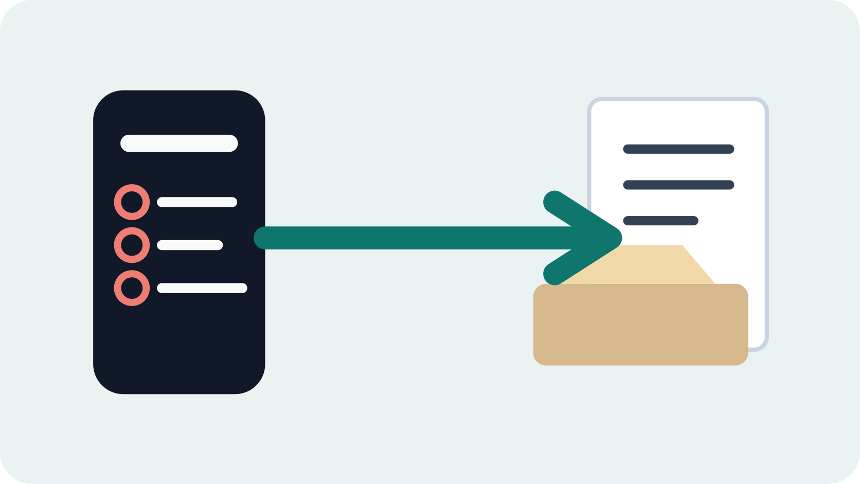Illustration of a bridge between a mobile task list, a PDF page and a physical file.