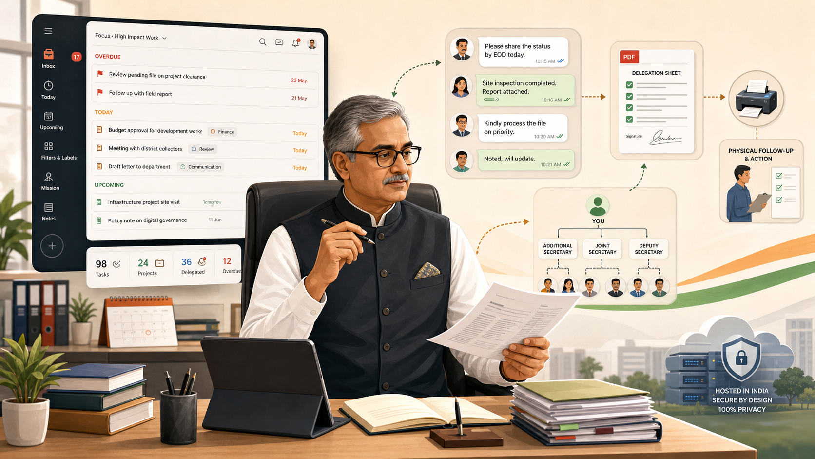 Senior Indian government officer coordinating digital tasks, WhatsApp-style follow-up, PDF delegation and physical action workflows.
