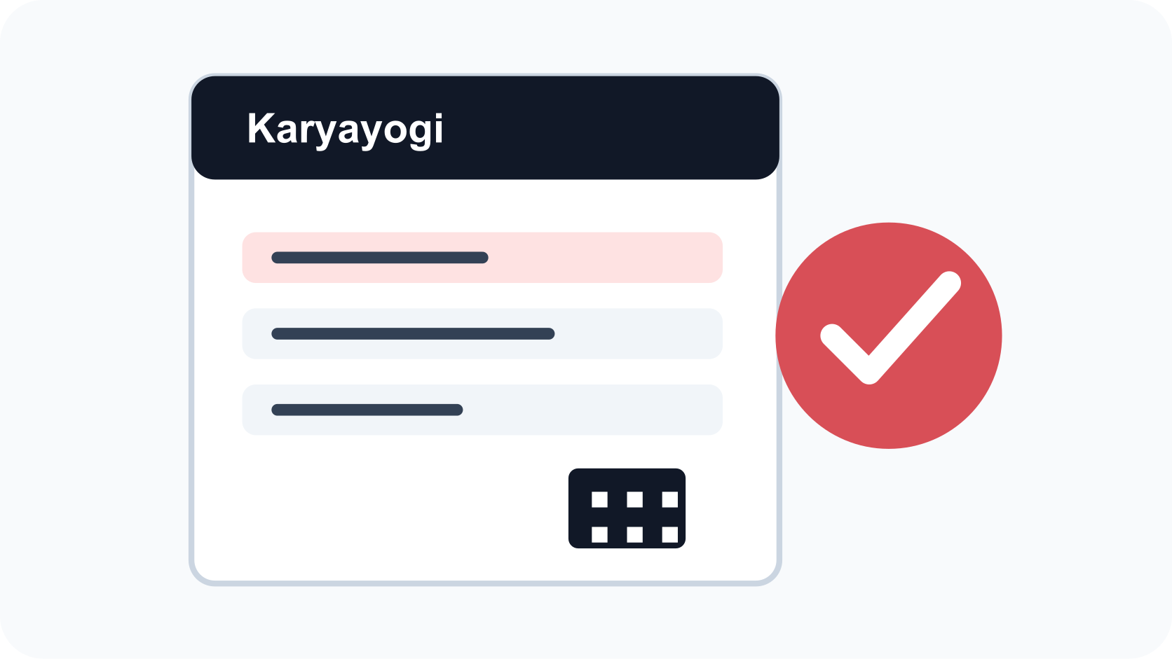 Illustration of a branded Karyayogi PDF delegation packet with QR code and task table.