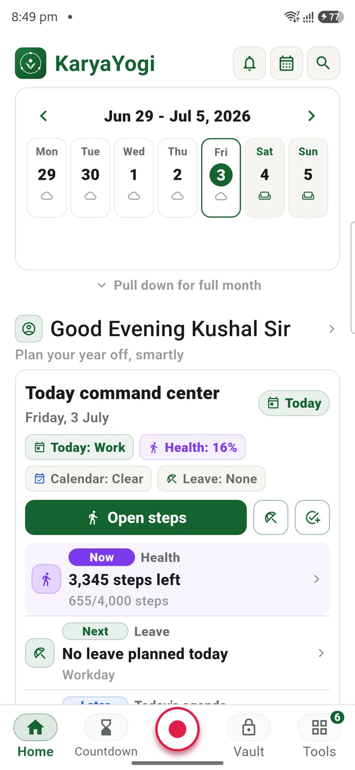 KaryaYogi home — the Today command center