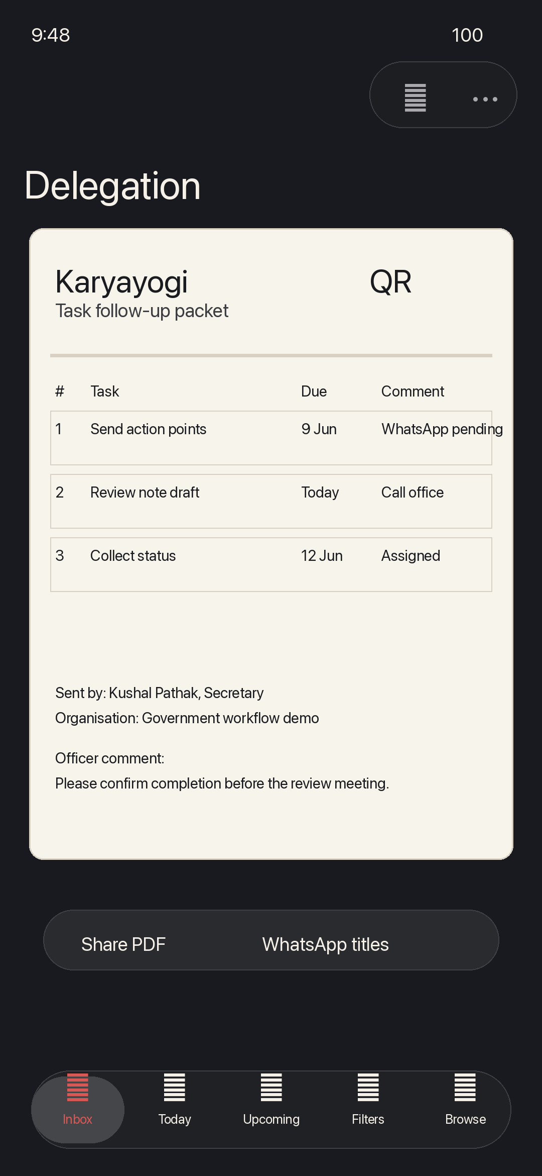 Karyayogi delegation PDF export screen
