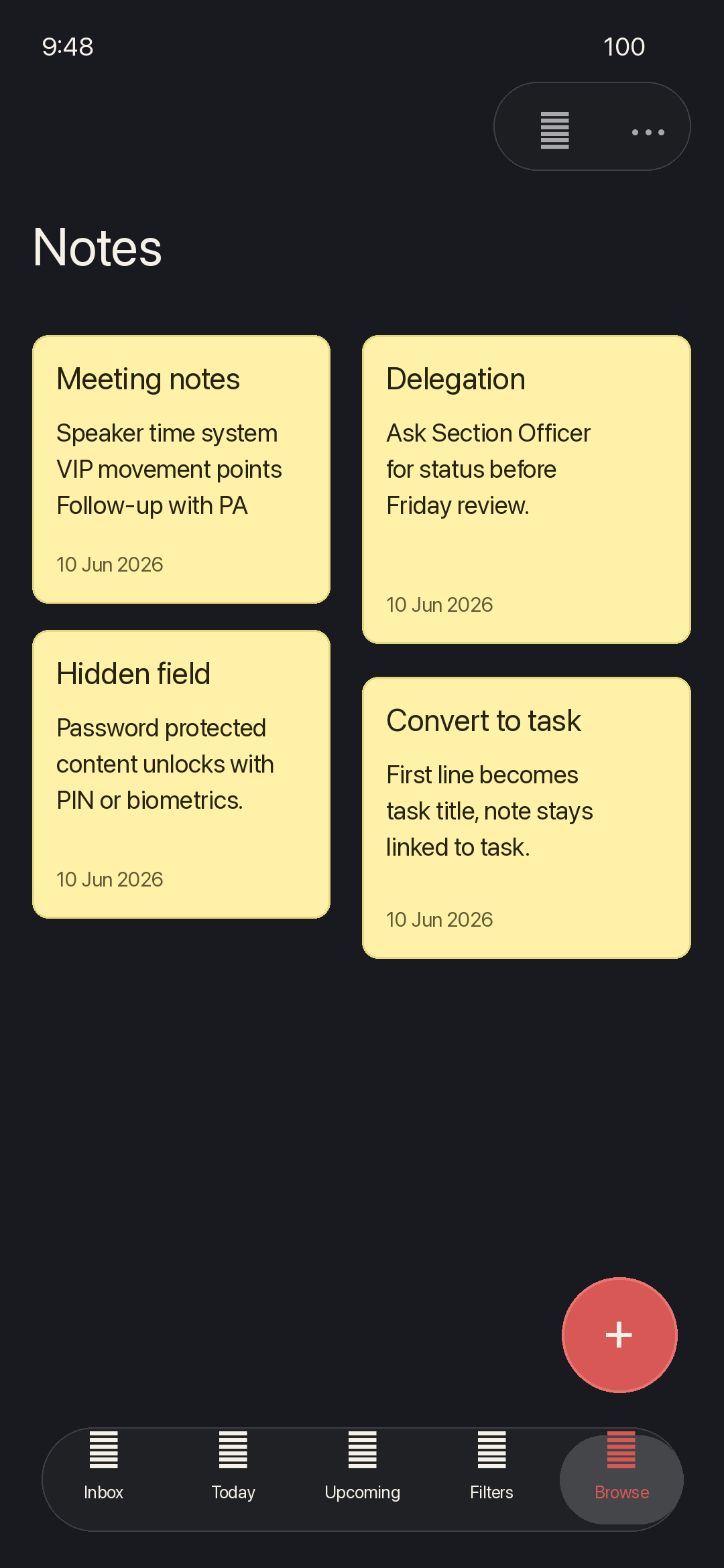 Karyayogi notes screen with sticky note cards