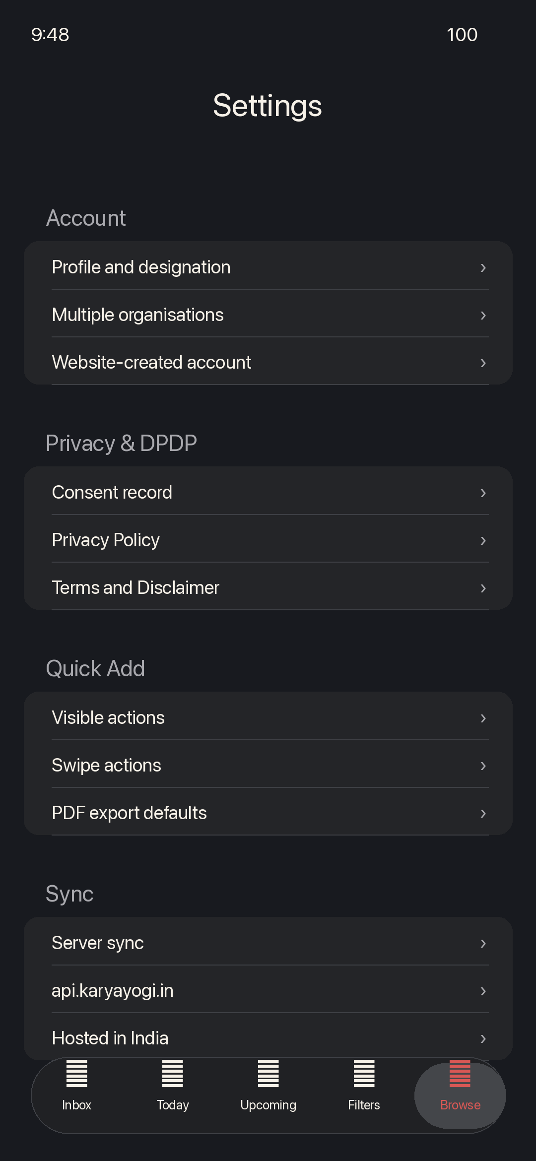Karyayogi settings screen with privacy and sync controls